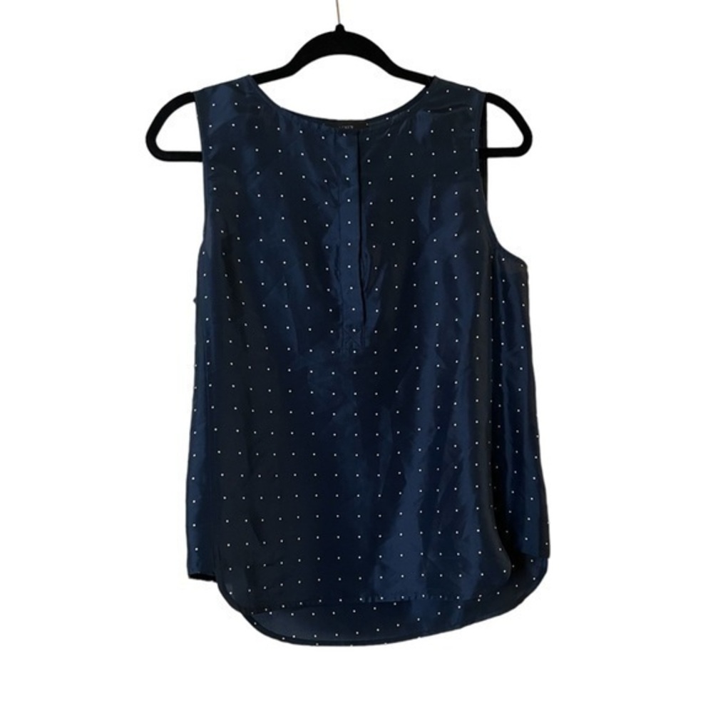 J.Crew 100% silk navy blue w/ white dots sleeveless blouse, half hidden placket